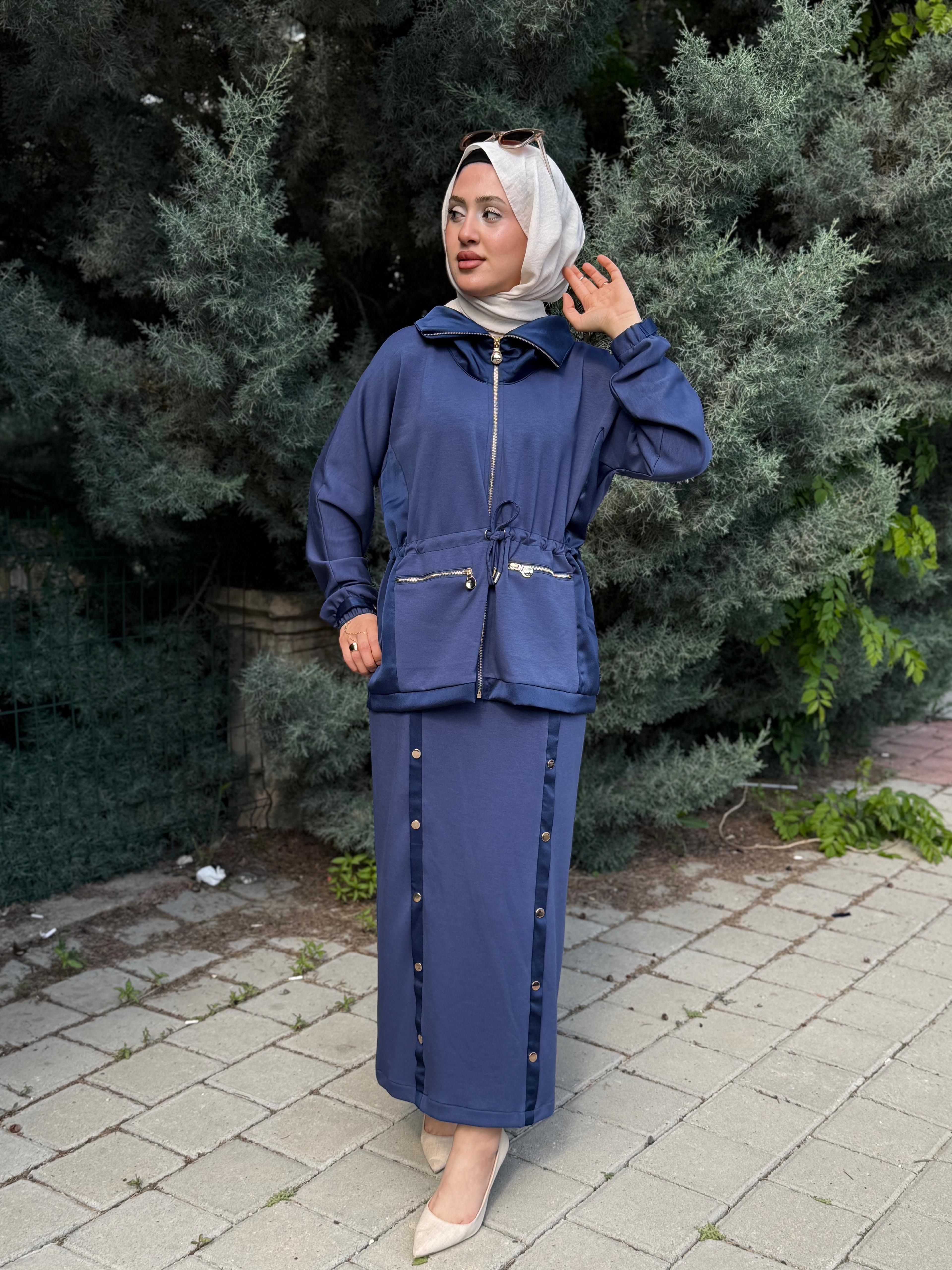 MİSSEMRAMİS FERMUAR YAKALI ETEKLİ TAKIM LACİVERT 