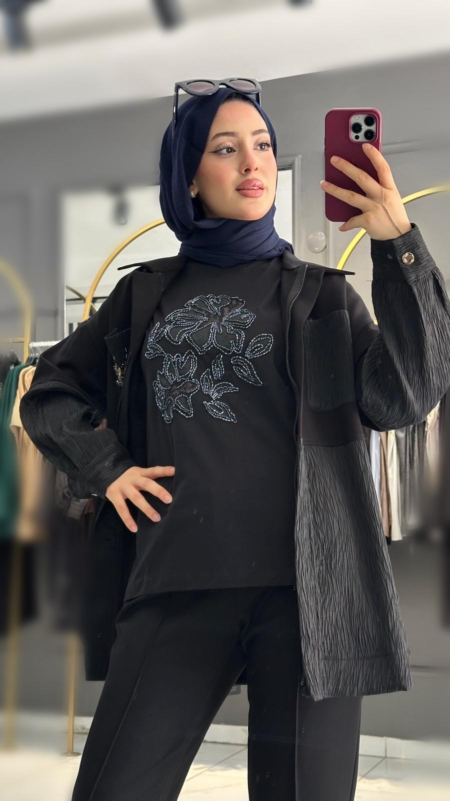 MİSSEMRAMİSS FLORAL NAKIŞLI TSHİRT  SİYAH
