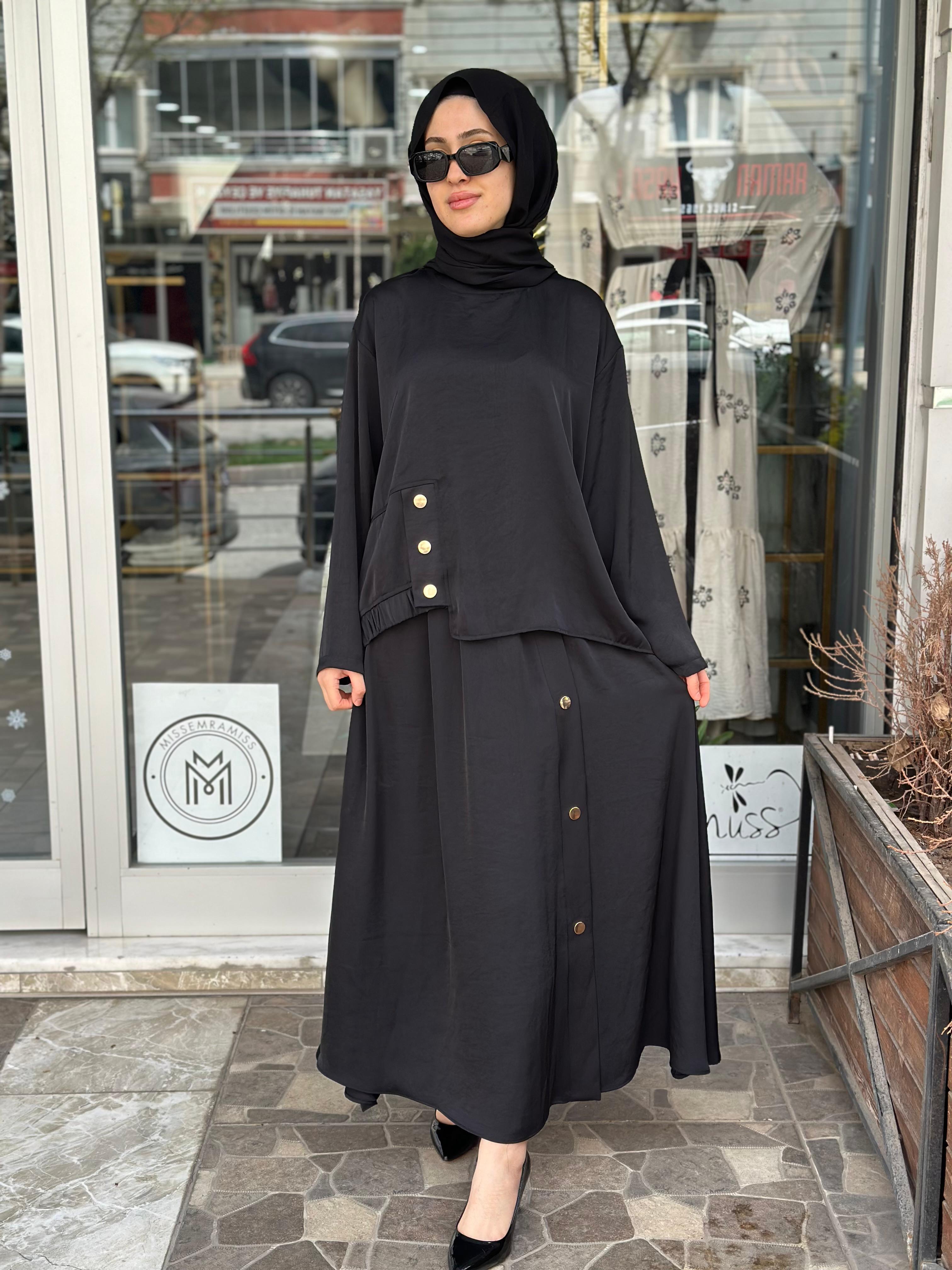 CEREMONY BLUZU VE ETEĞİ ÇIT ÇIT AKSESUAR DETAYLI SAPPHİRE TAKIM SİYAH