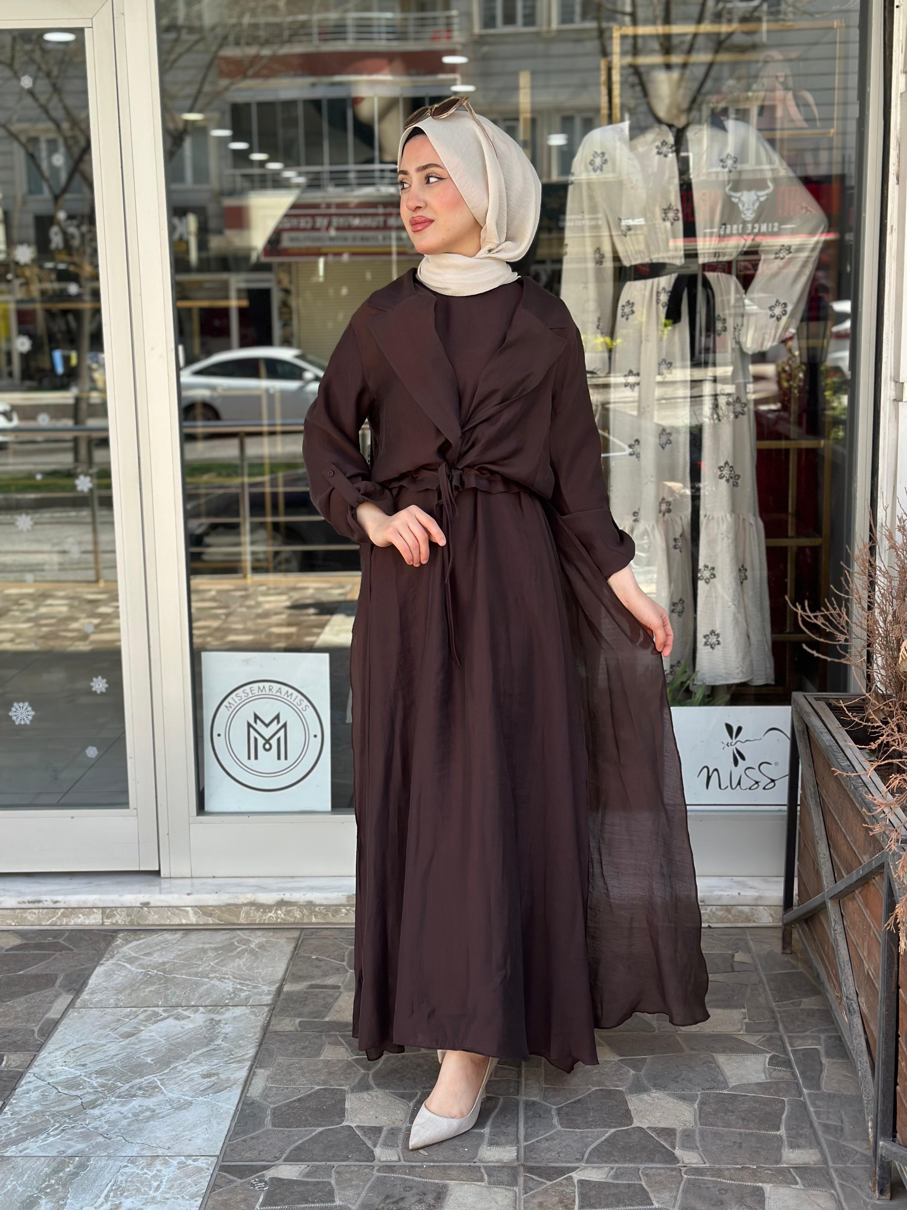 CEREMONY BOLEROLU KOLSUZ ELBİSELİ TAKIM KAHVERENGİ 