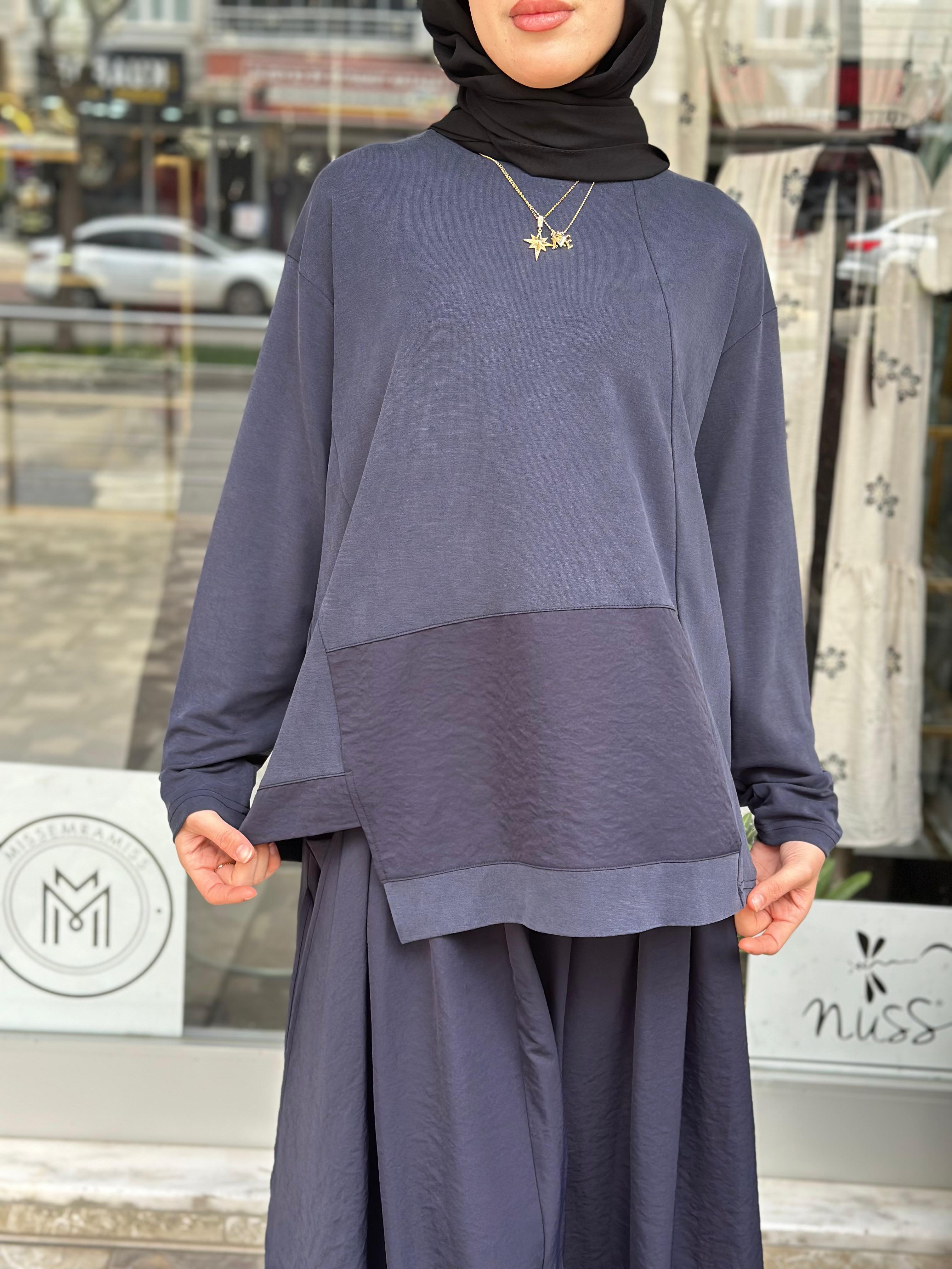 CEREMONY UZUN KOLLU BAMBU BLUZ LACİVERT