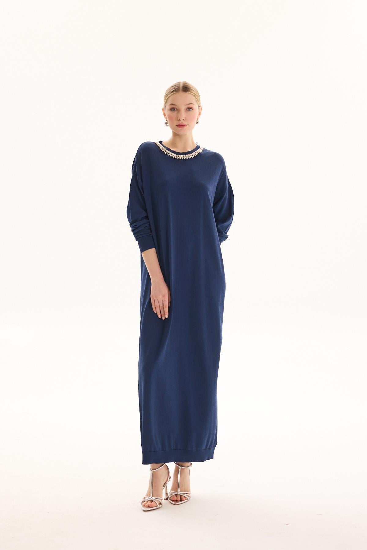 MİSSEMRAMİSS AMORE TAŞ İŞLEMELİ TRİKO ELBİSE LACİVERT 