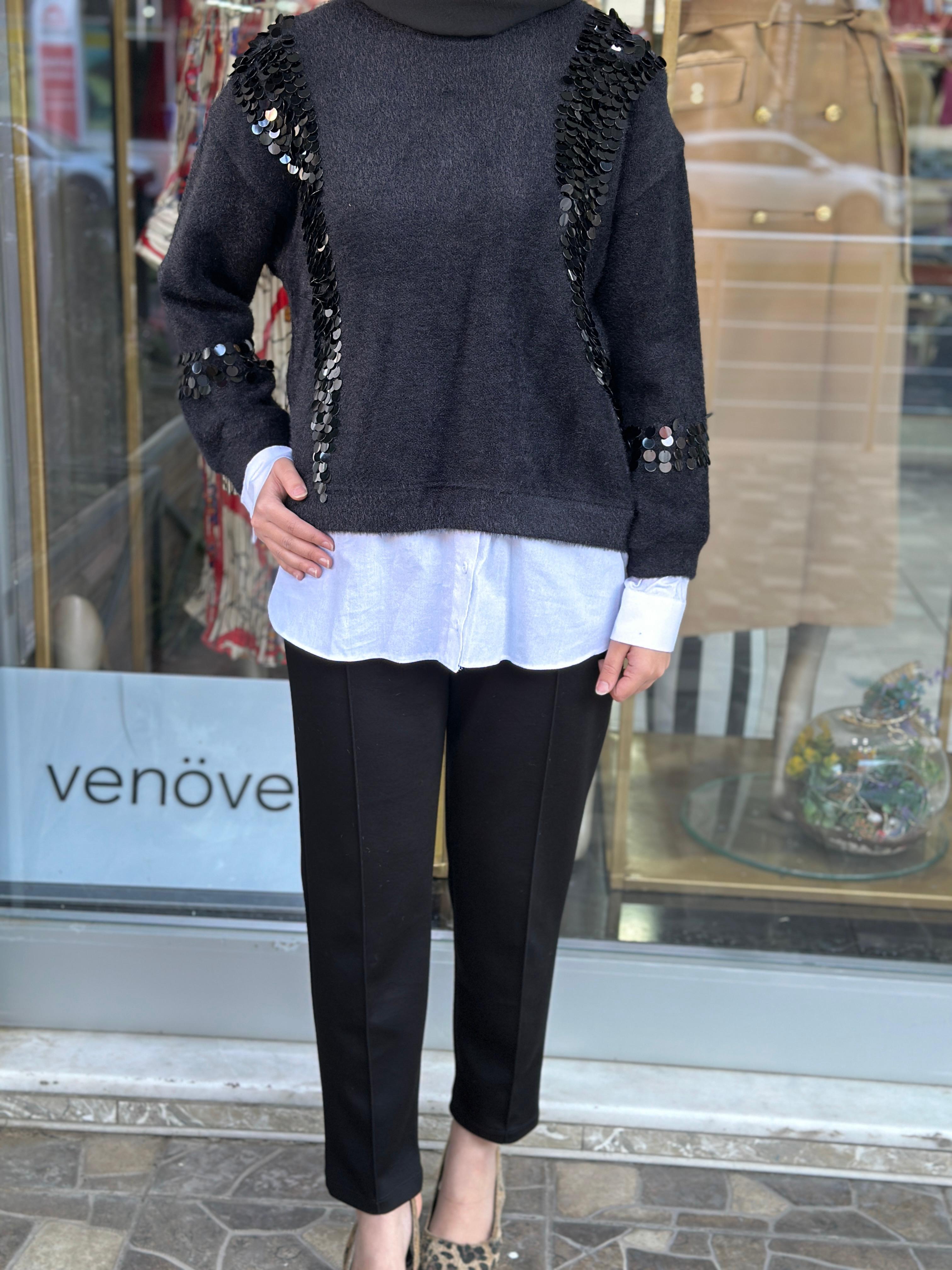 MİSSEMRAMİSS SİYAH PULLU GÖMLEK GARNİ ANGORA TUNİK