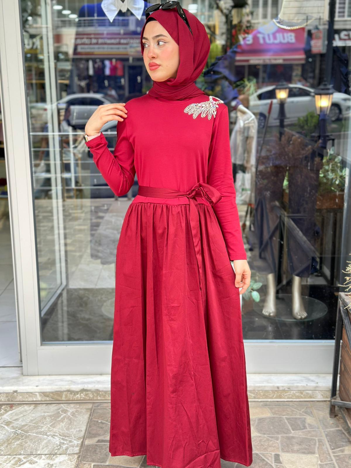 MİSSEMRAMİSS TAŞ İŞLEMELİ COMFORT ELBİSE VİŞNE 