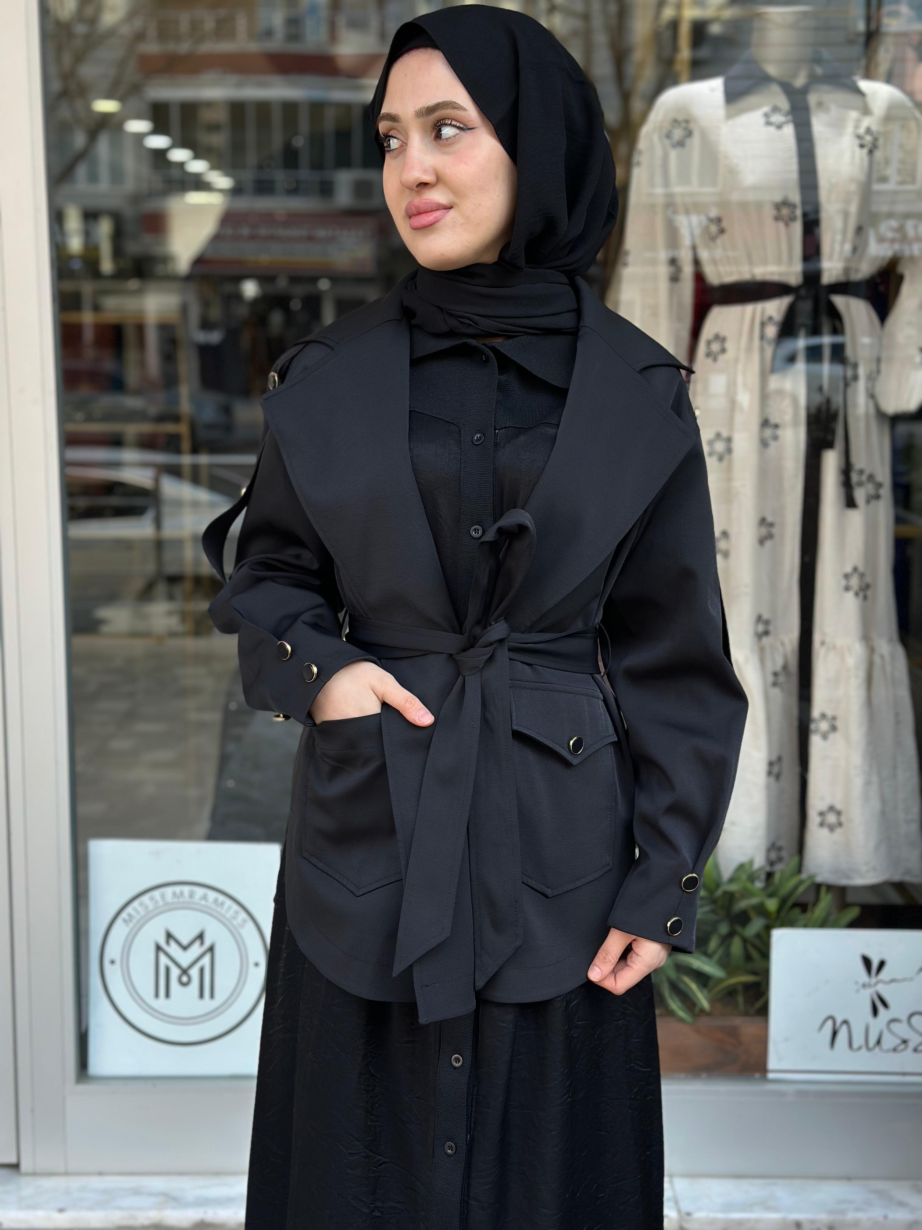 MİSSEMRAMİSS VIRELLE KISA TRENCKOT SİYAH 