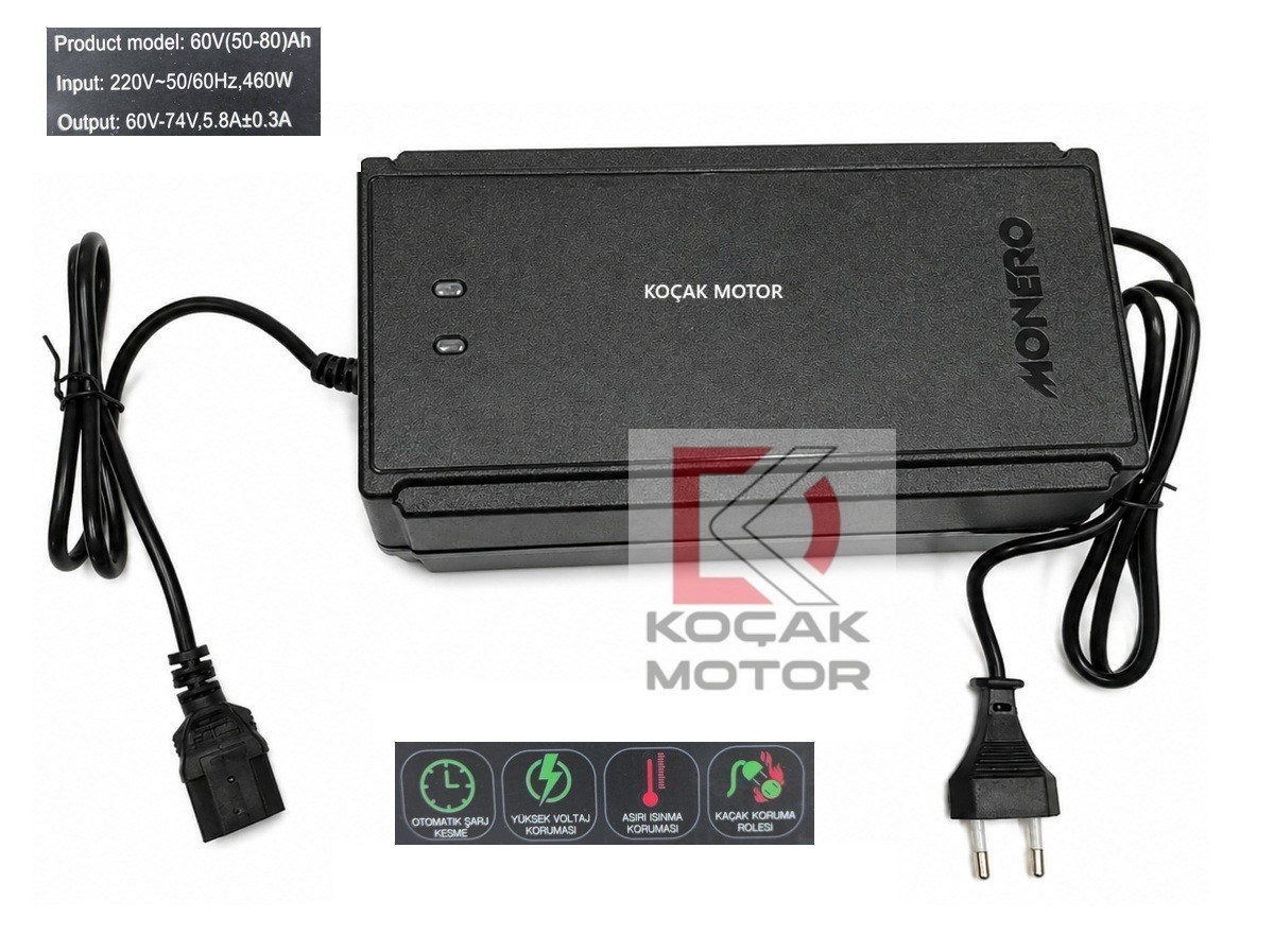 Elektrikli Motosiklet Şarj Cihazı 60V 50-80AH Devre Kesicili