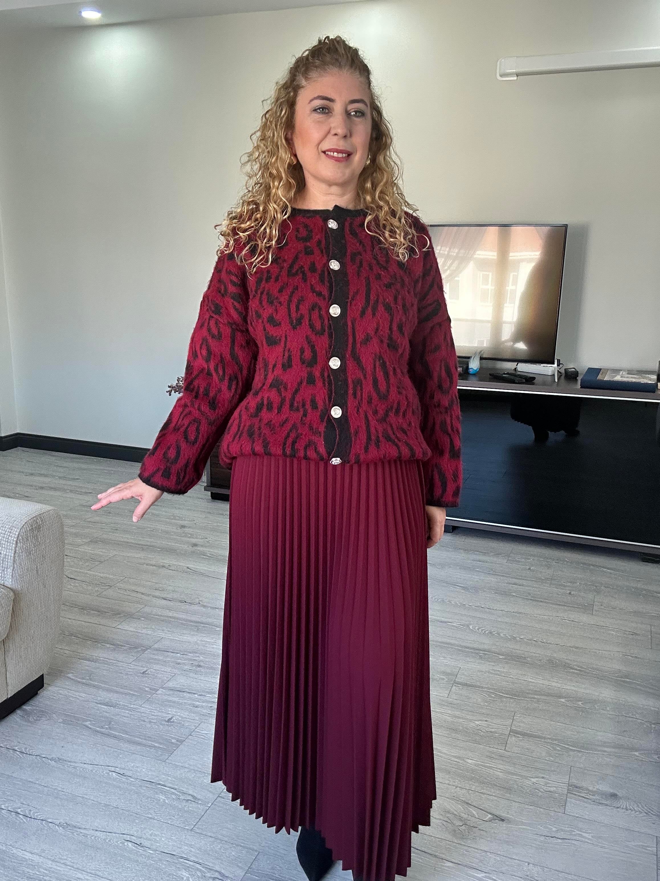 Bordo Pileli Beli Lastikli Etek