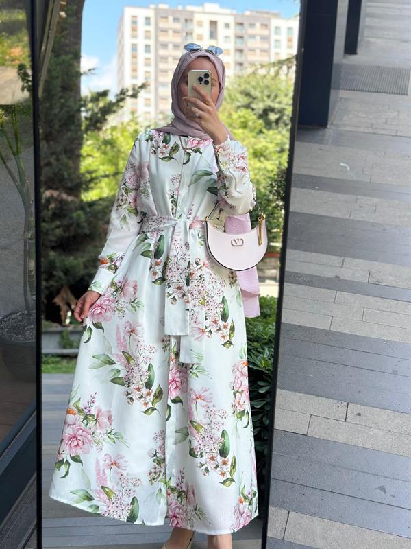 Floral Desen Ham Keten Elbise Beyaz