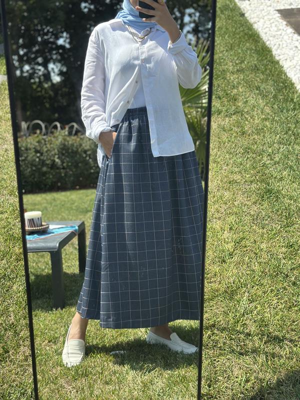 Hanım Hatun Cep Detaylı Kot Etek Lacivert Çizgili