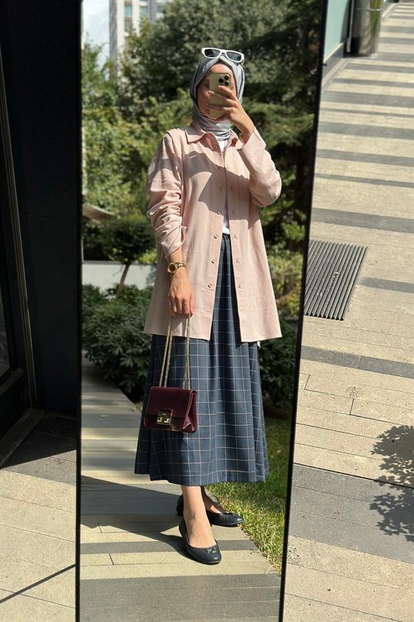 Hanım Hatun Cep Detaylı Kot Etek Lacivert Çizgili