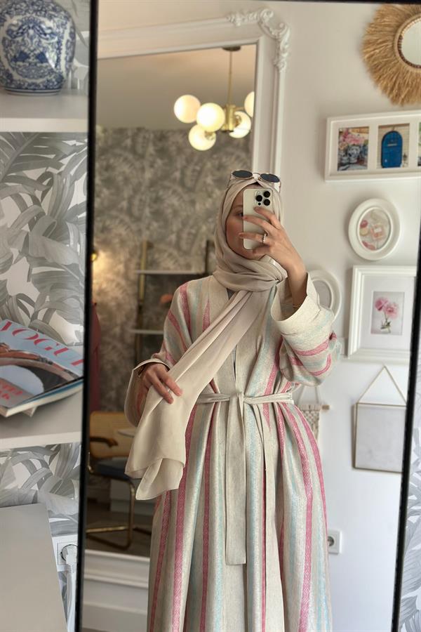 Hanım Hatun Keten Oversize Kap Mavi Pembe Çizgili 