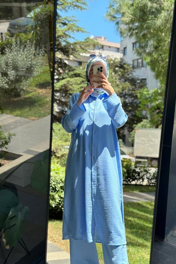 Hanım Hatun Linen Maxi Gömlek Pantolon Takım Mavi