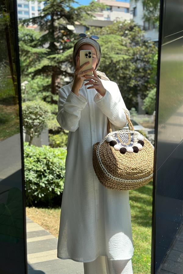 Hanım Hatun Linen Maxi Gömlek Pantolon Takım Beyaz