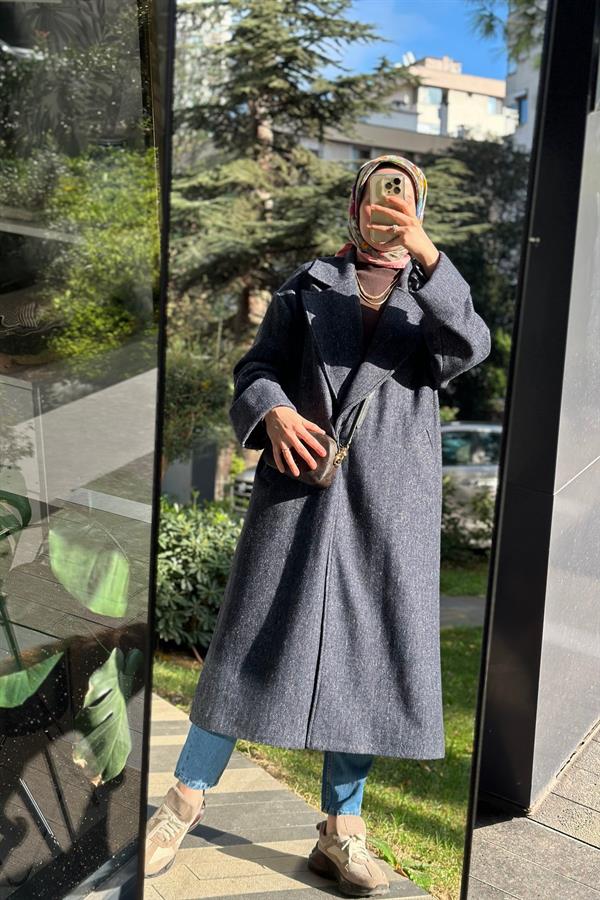 Hanım Hatun Oversize Kaşe Balıksırtı Desen Lacivert