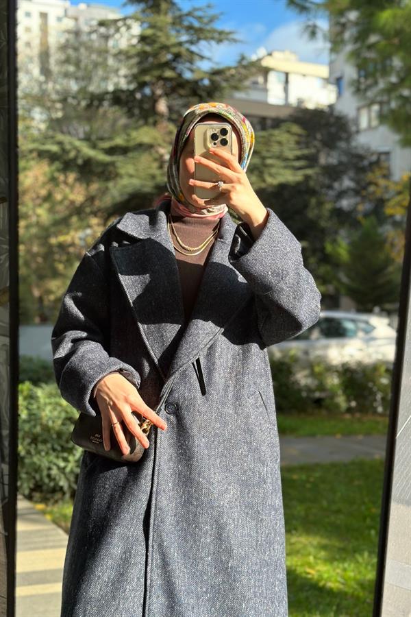 Hanım Hatun Oversize Kaşe Balıksırtı Desen Lacivert