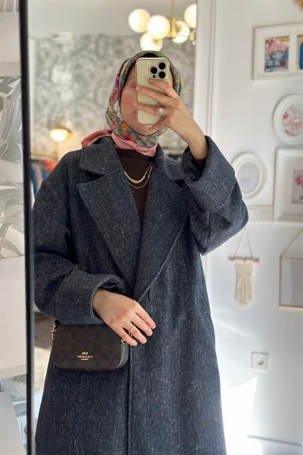 Hanım Hatun Oversize Kaşe Balıksırtı Desen Lacivert