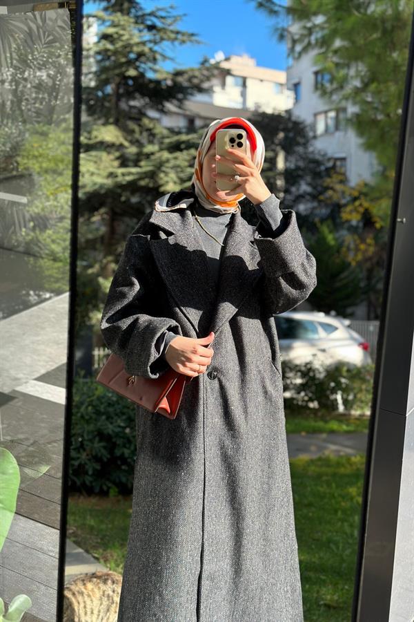 Hanım Hatun Oversize Kaşe Balıksırtı Desen Siyah