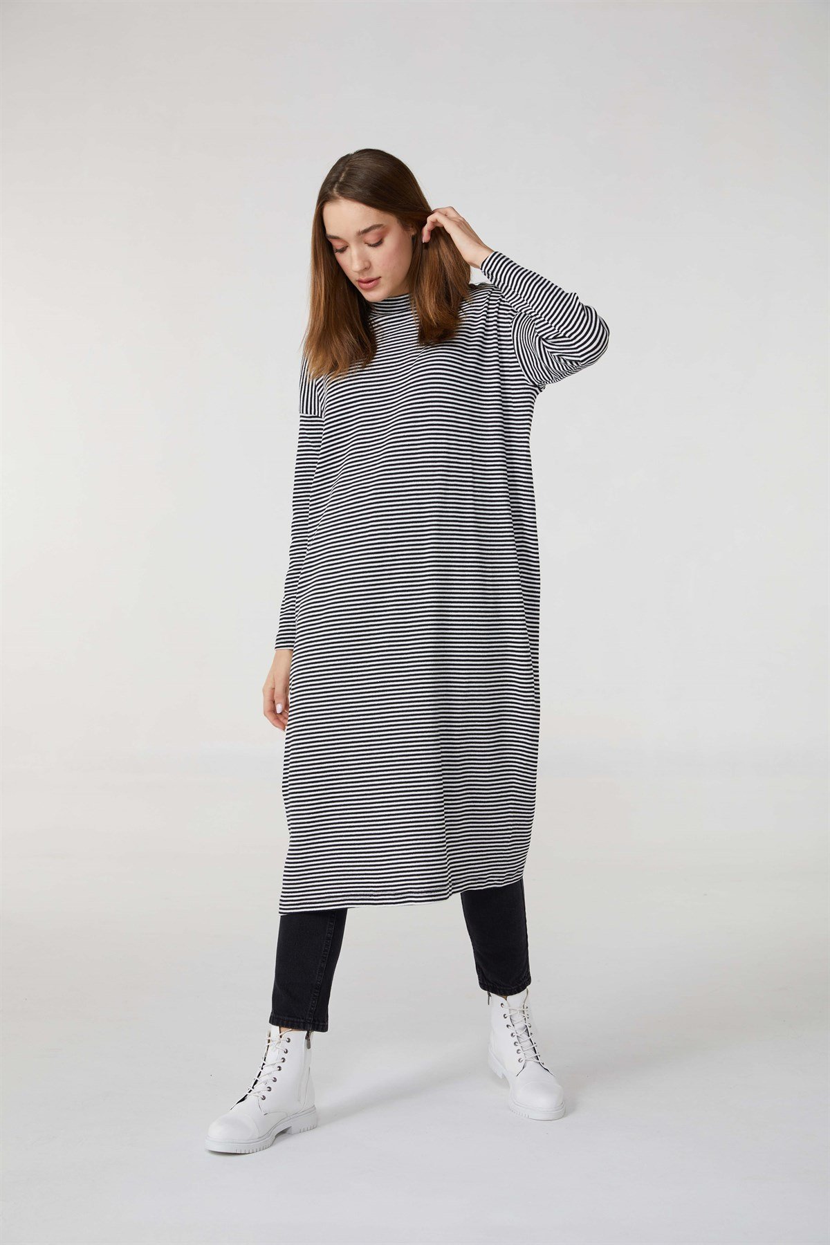 Hanım Hatun Basic Triko Tunik Siyah Çizgili