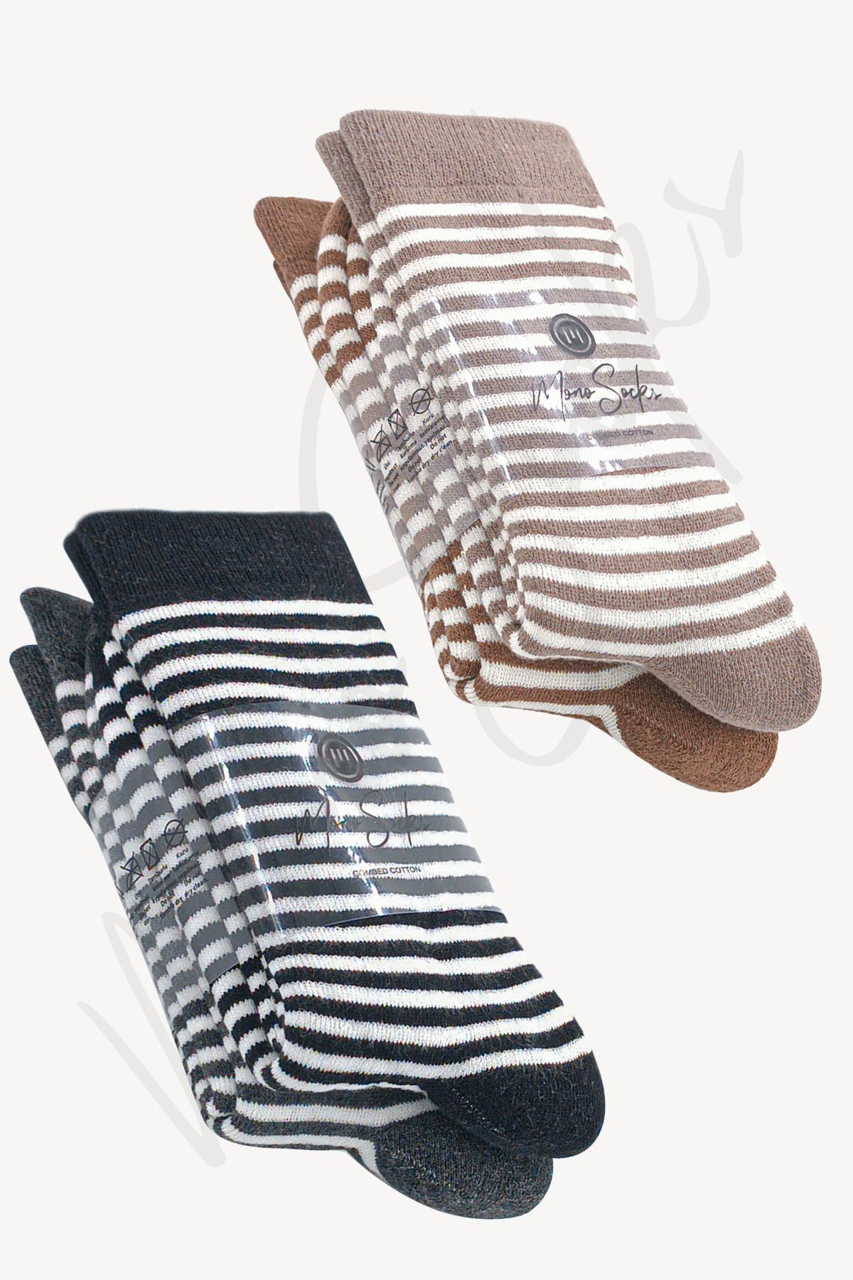 Mono Socks - 4lü Çizgili Kalın Kışlık Pamuklu Havlu Çorap