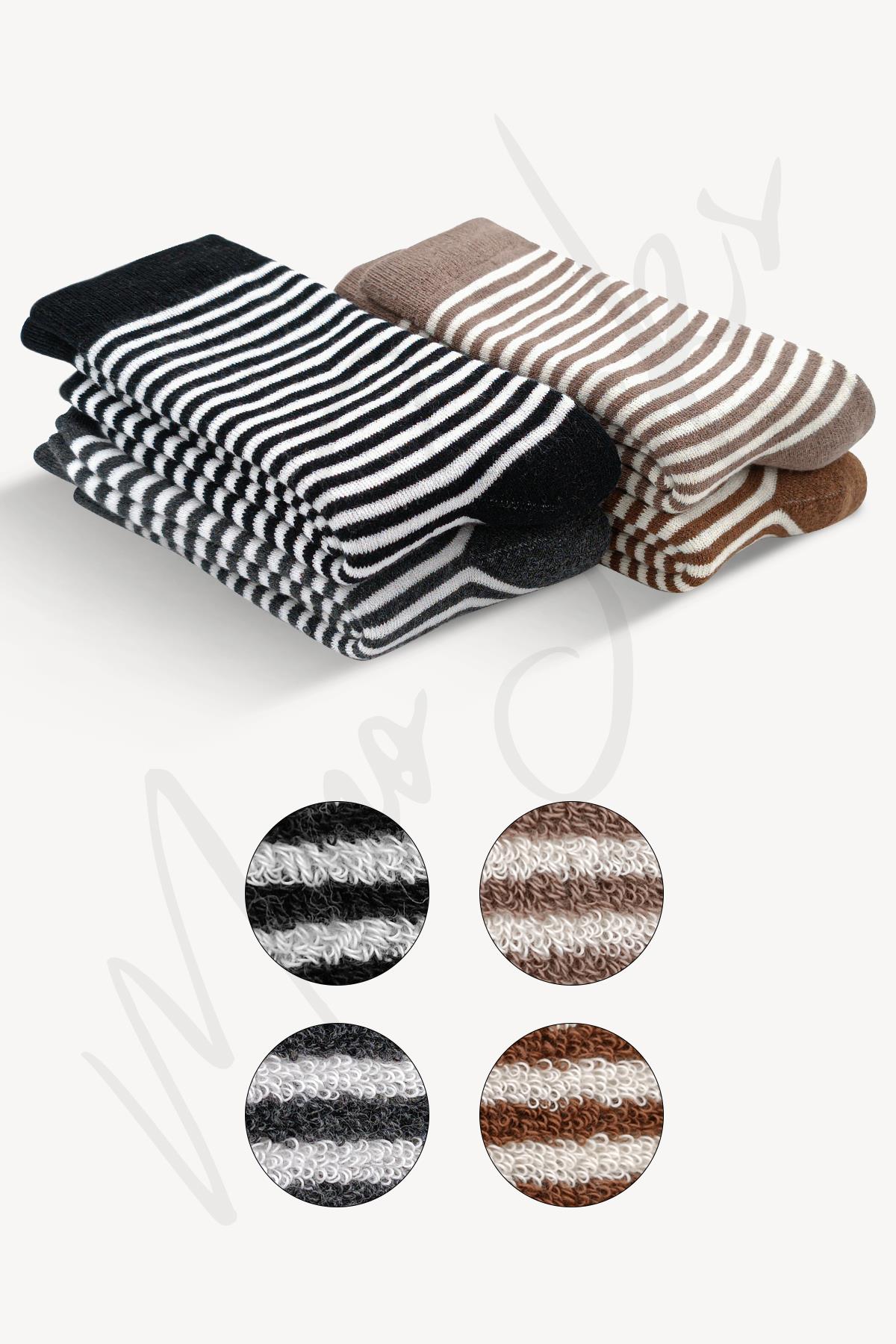 Mono Socks - 4lü Çizgili Kalın Kışlık Pamuklu Havlu Çorap