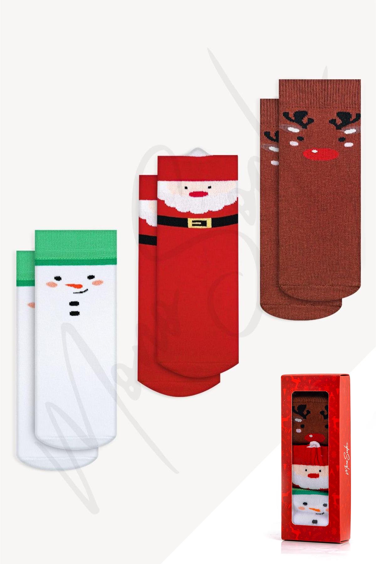 Mono Socks - 3lü Kutulu Çocuk Noel Faces 3lü Christmas Yılbaşı Çorap