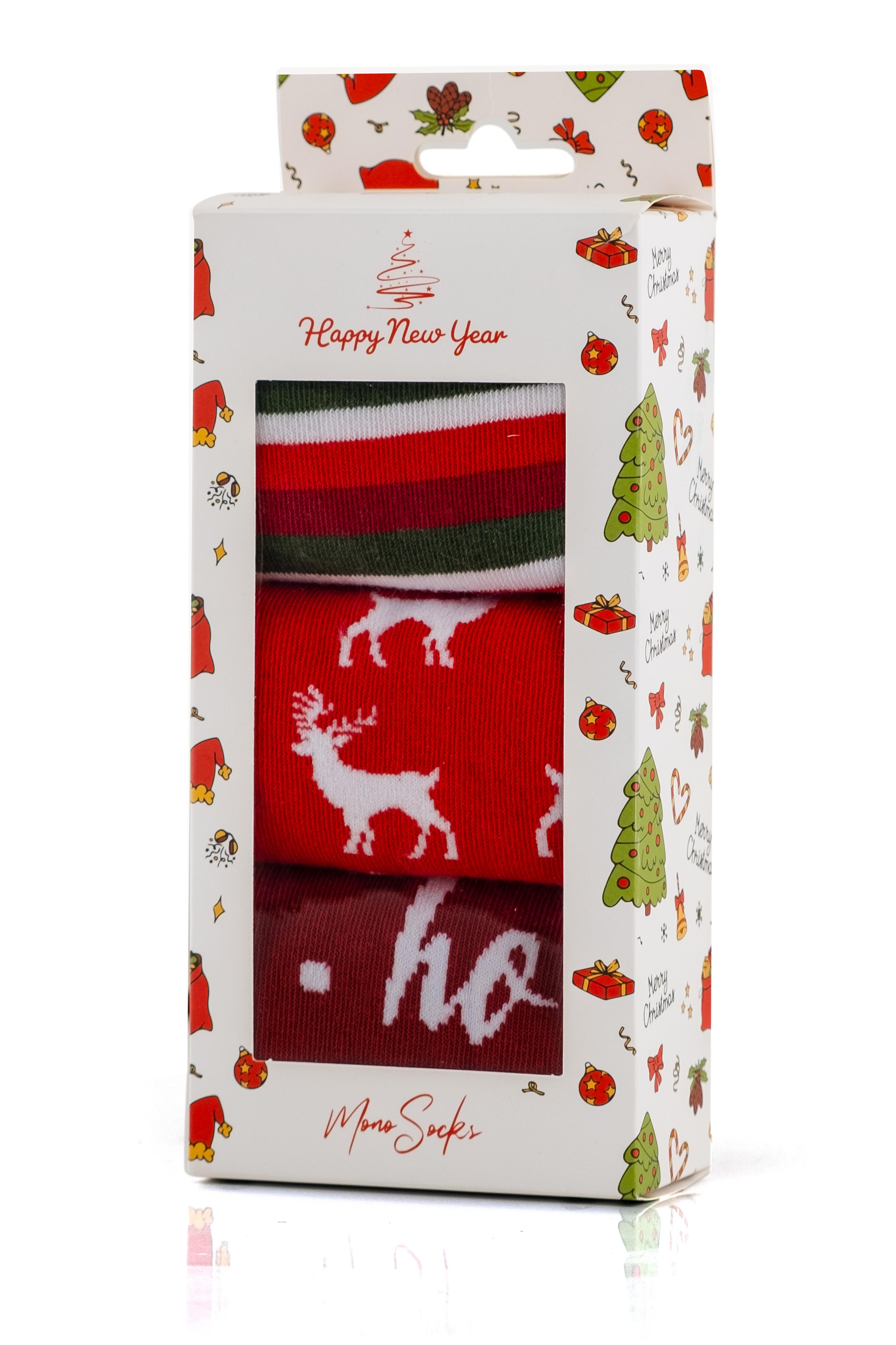 Mono Socks - 3lü Kutulu Geyik Hoho Desenli Yılbaşı Hediyelik Çorap 