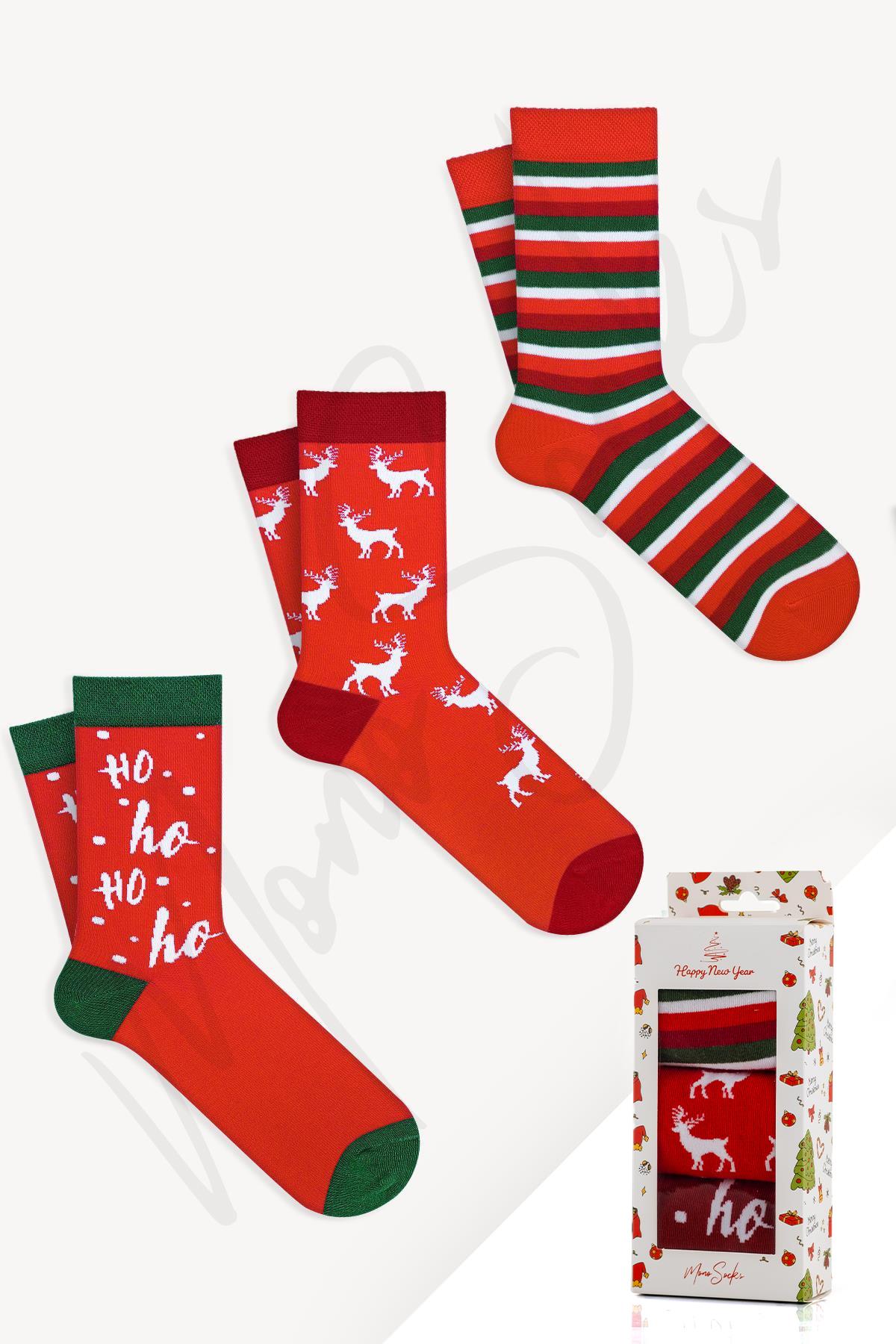 Mono Socks - 3lü Kutulu Geyik Hoho Desenli Yılbaşı Hediyelik Çorap 