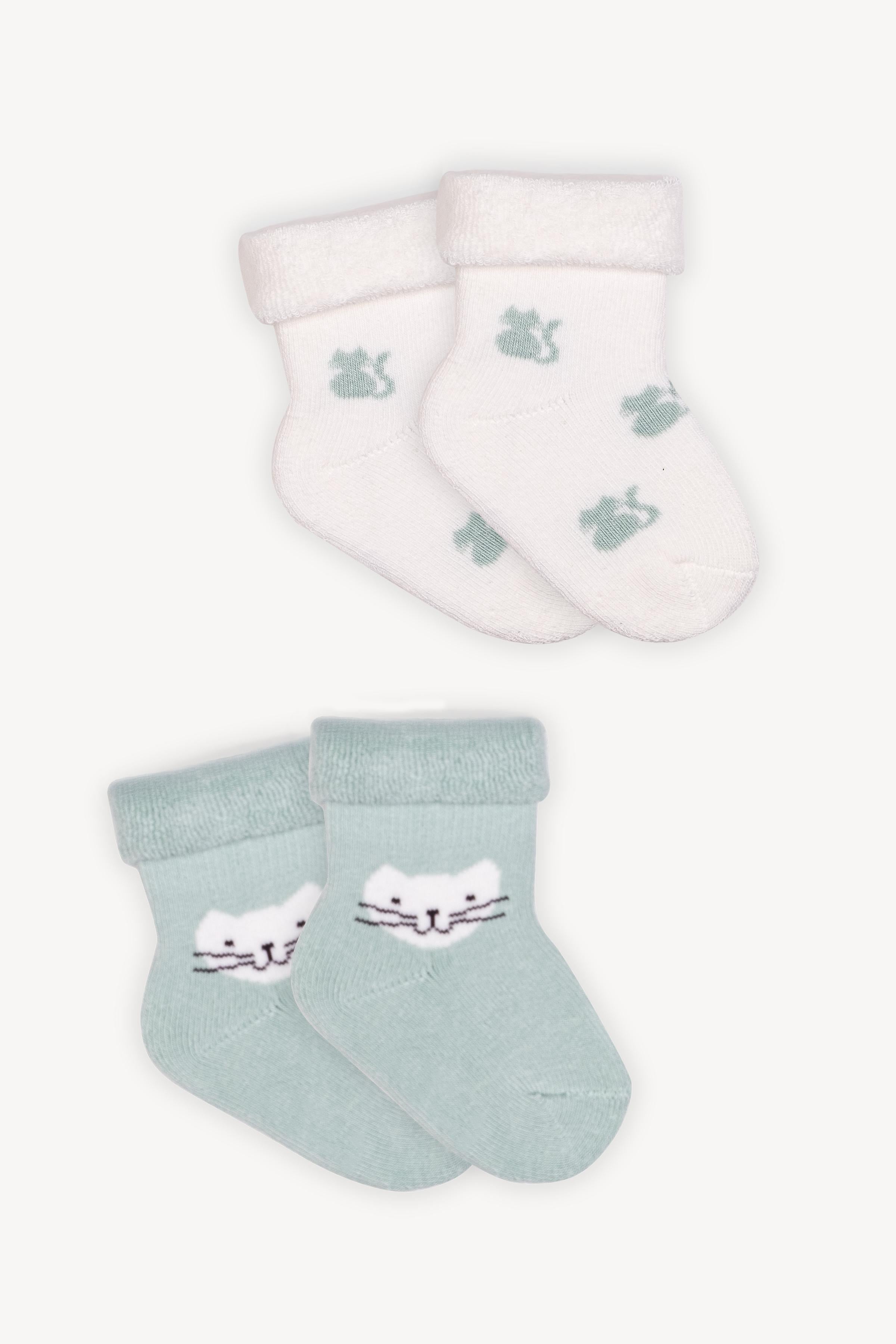 Mono Socks - 2li Kıvrık Havlu Yeşil Kedi Desenli Çorap