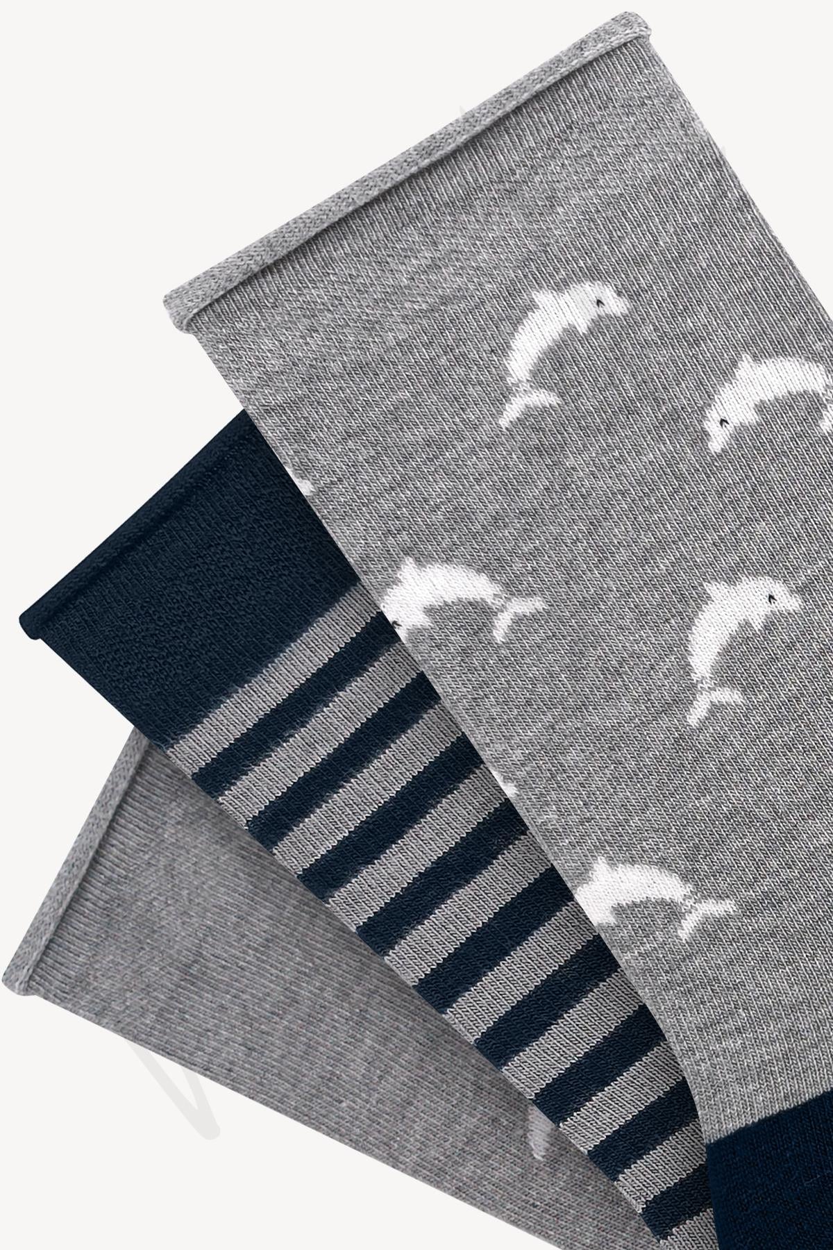 Mono Socks - 3lü Yunus Balığı Desenli Lastiksiz Bambu Çorap