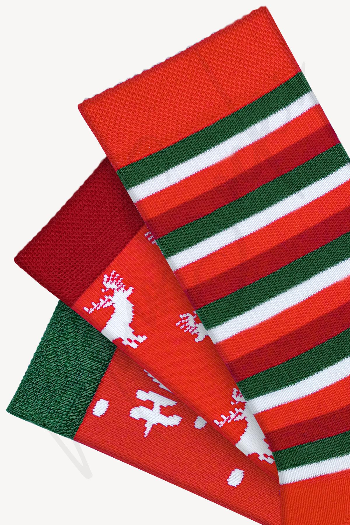 Mono Socks - 3lü Kutulu Geyik Hoho Desenli Yılbaşı Hediyelik Çorap 