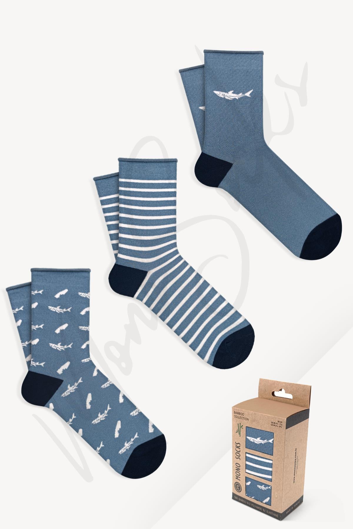 Mono Socks - 3lü Köpek Balığı Desenli Lastiksiz Bambu Çorap
