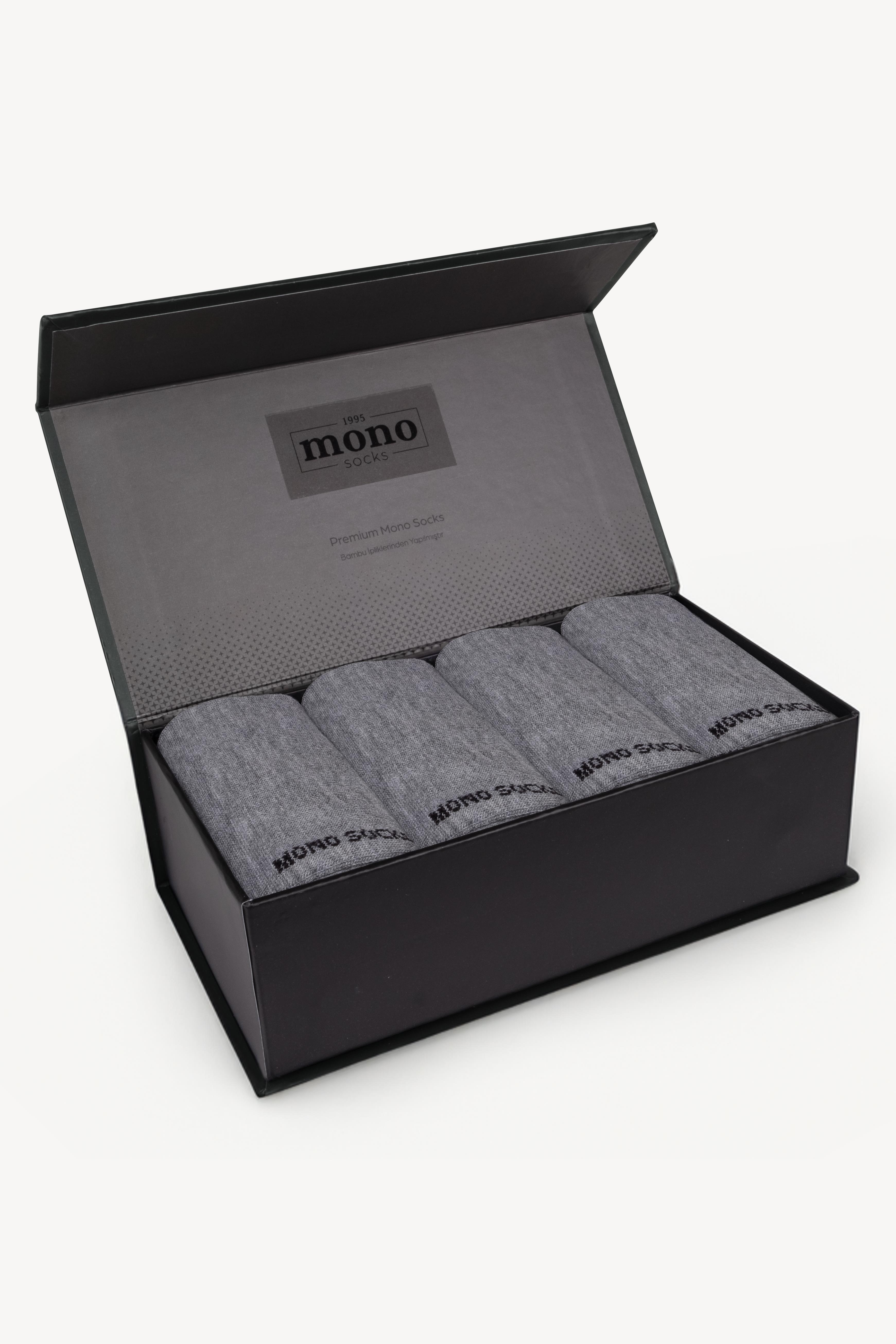 Mono Socks - 4lü Premium Kutulu Dikişsiz Düz Bamboo Gri Soket Çorap