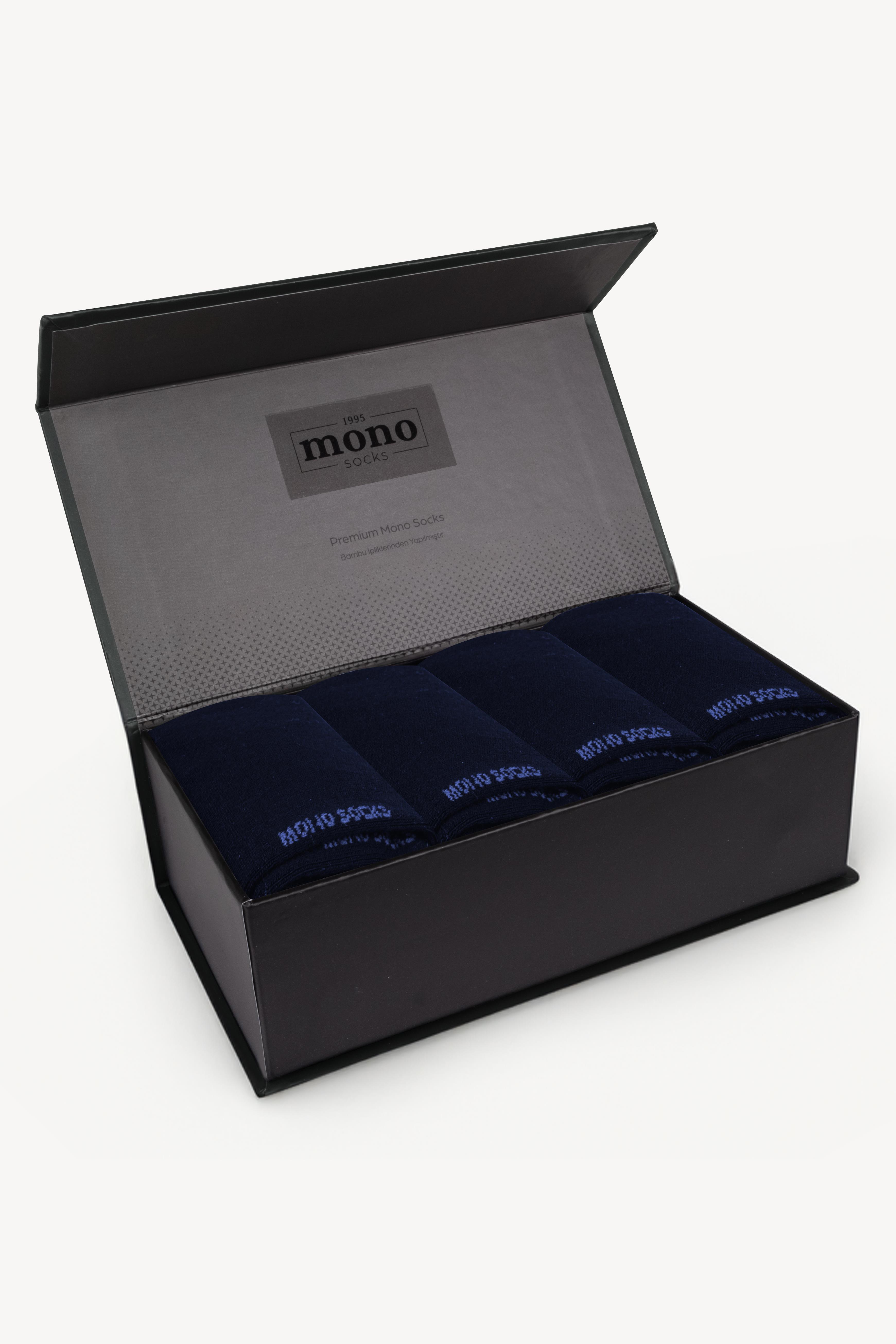 Mono Socks - 4lü Premium Kutulu Dikişsiz Düz Bamboo Lacivert Soket Çorap