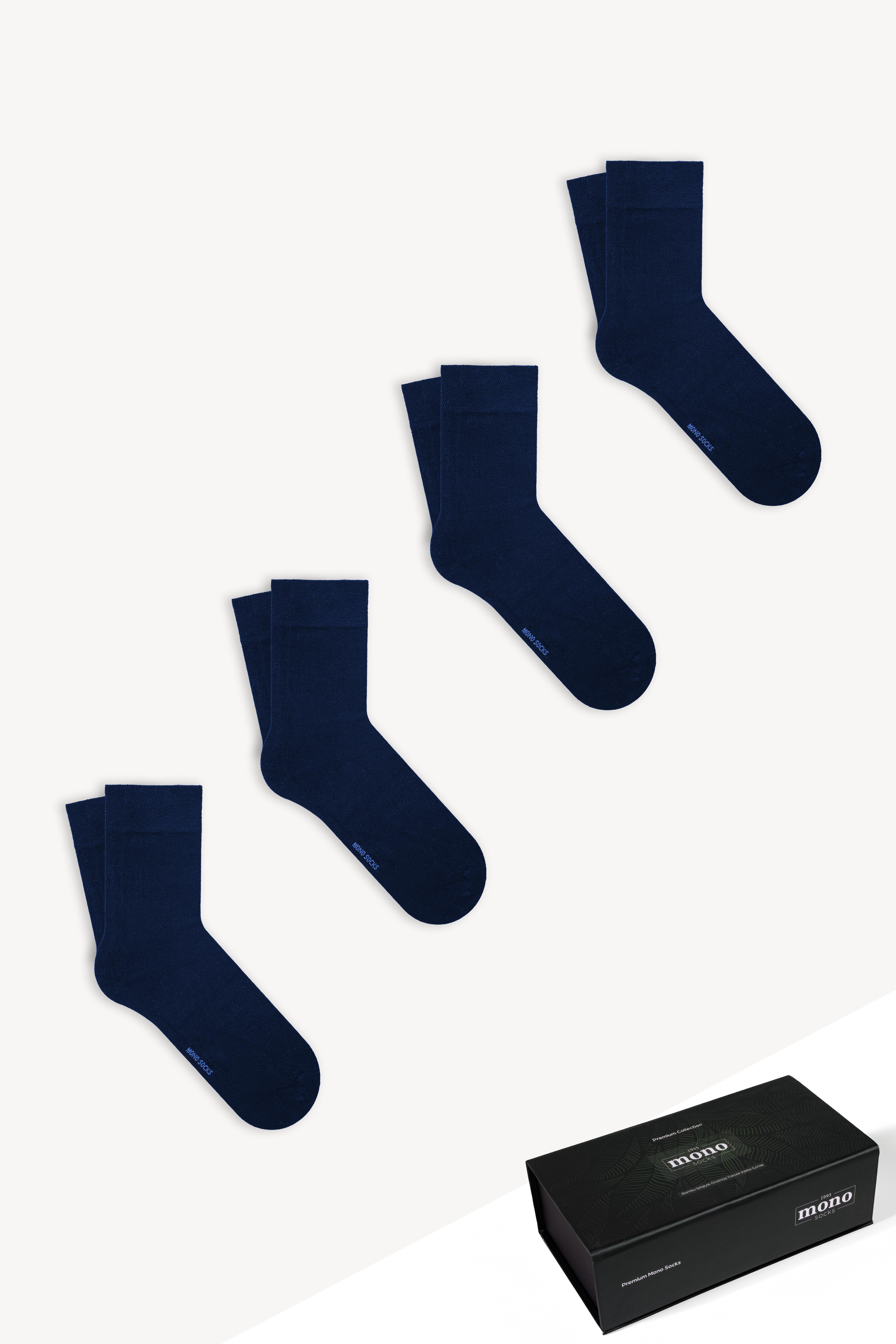 Mono Socks - 4lü Premium Kutulu Dikişsiz Düz Bamboo Lacivert Soket Çorap