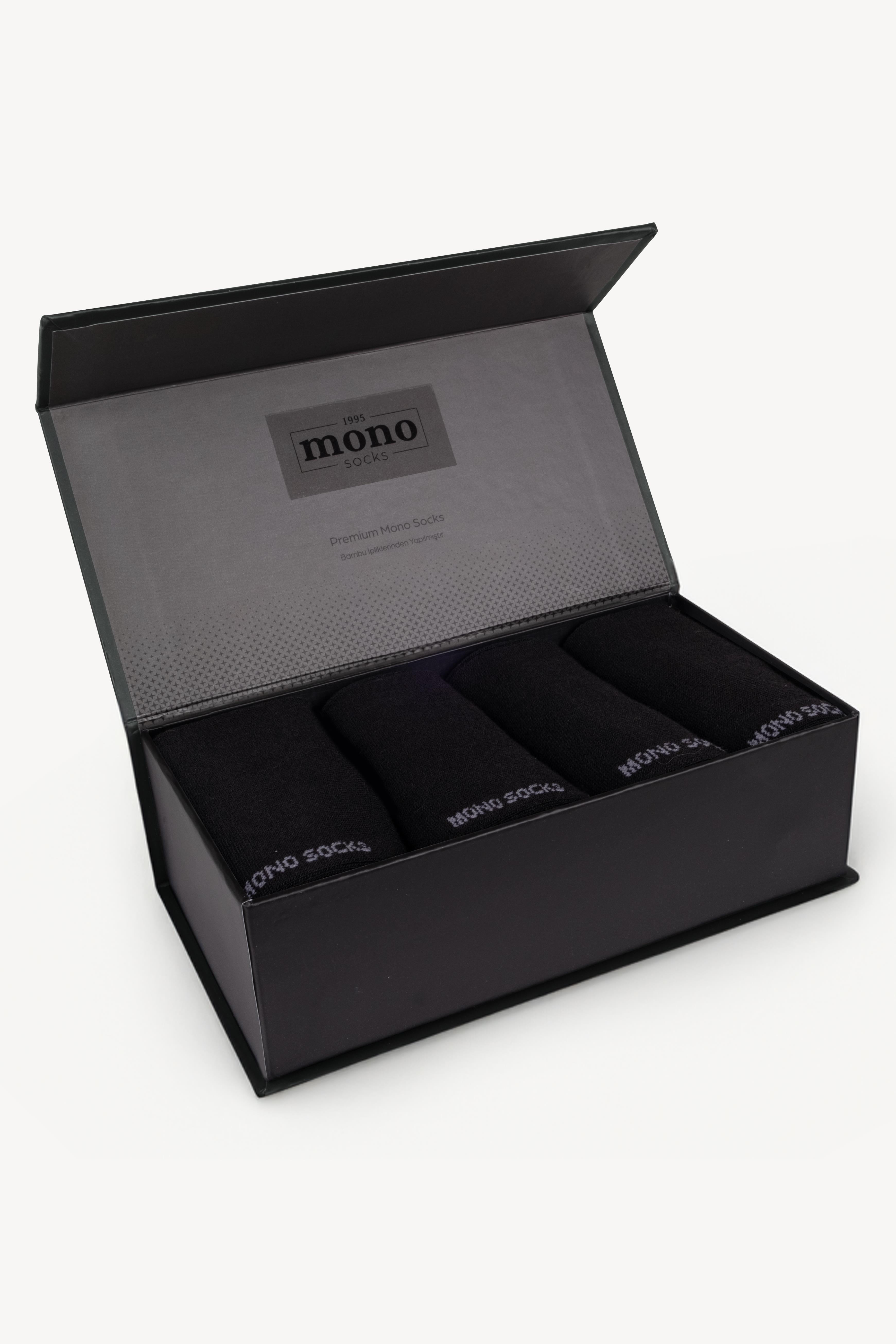 Mono Socks - 4lü Premium Kutulu Dikişsiz Düz Bamboo Siyah Soket Çorap
