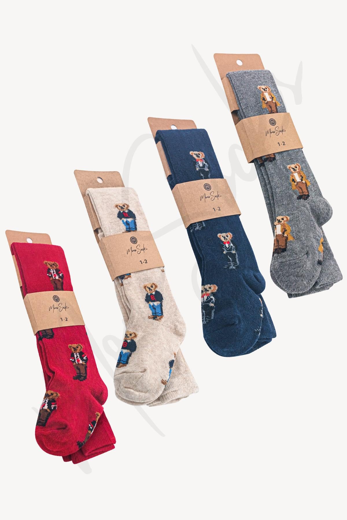 Mono Socks 4'lü Teddy Bear Ayıcıklı Çocuk Külotlu Çorap - Desenli Pamuklu Çoraplar - Mono Socks - Özel Tasarım Çoraplar