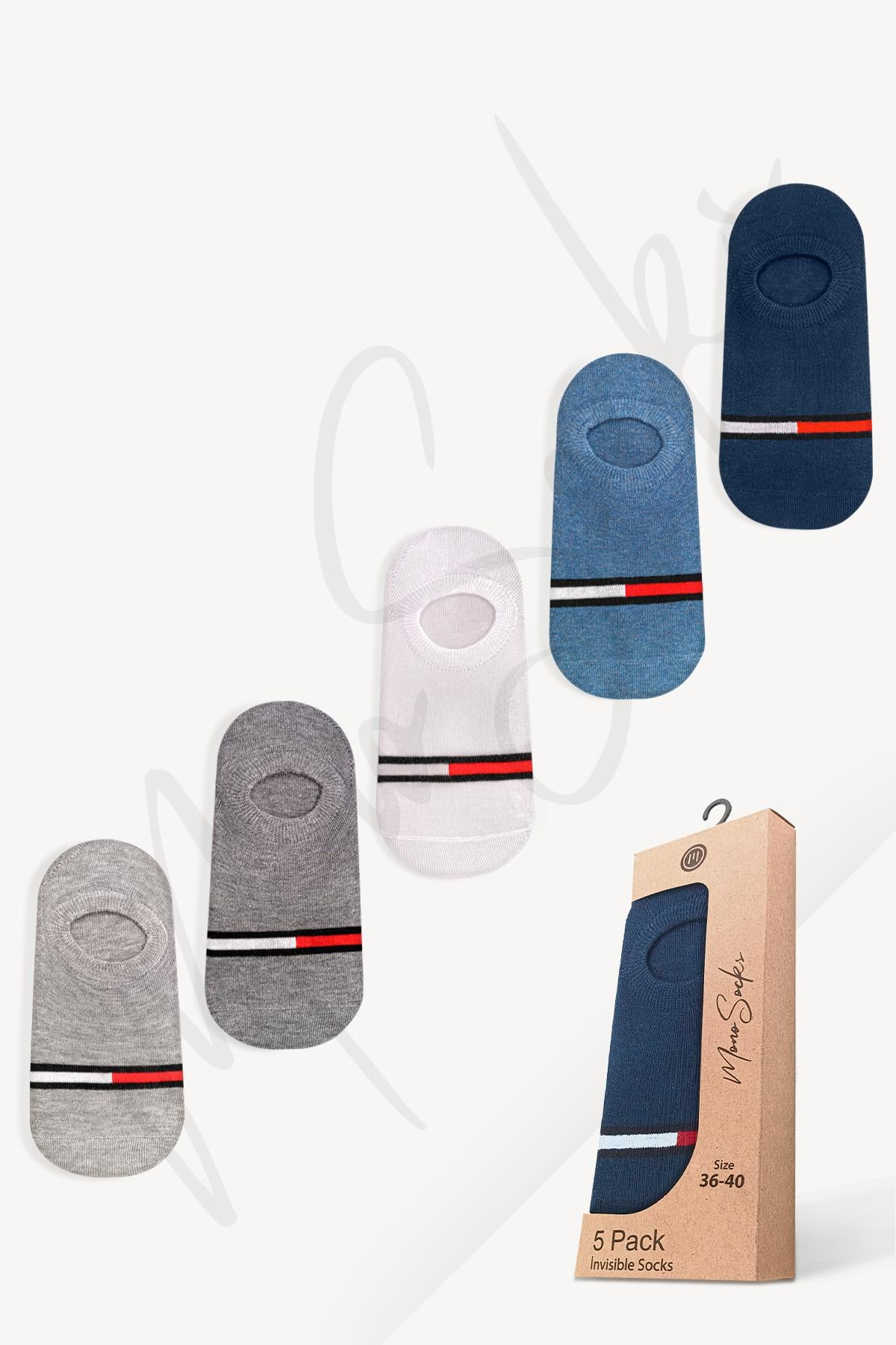 Mono Socks - 5li Kutulu Kırmızı-Beyaz Çizgili Görünmez Sneakers Çorap