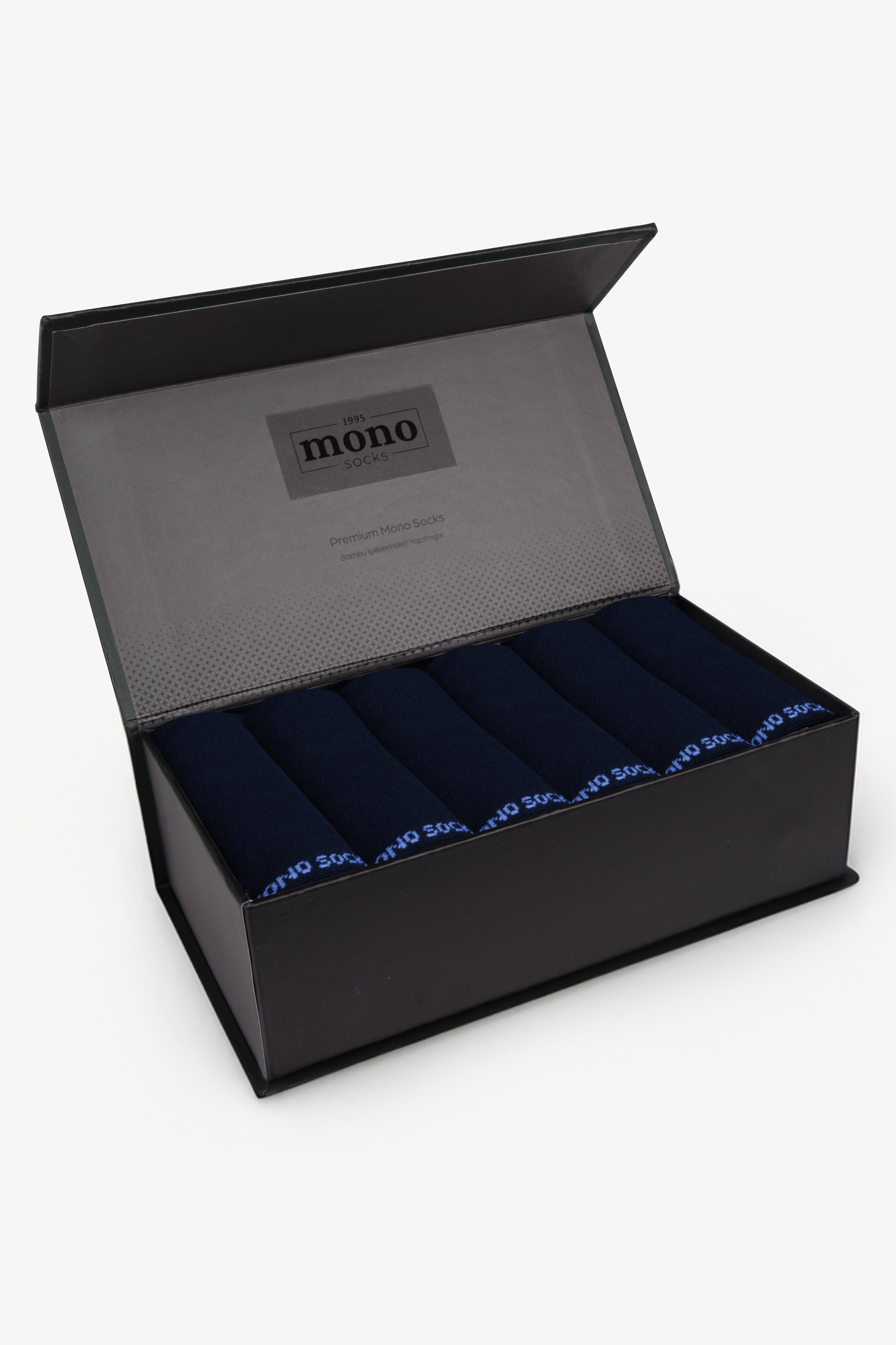Mono Socks - 6lı Premium Kutulu Dikişsiz Düz Bambu Patik Çorap Lacivert