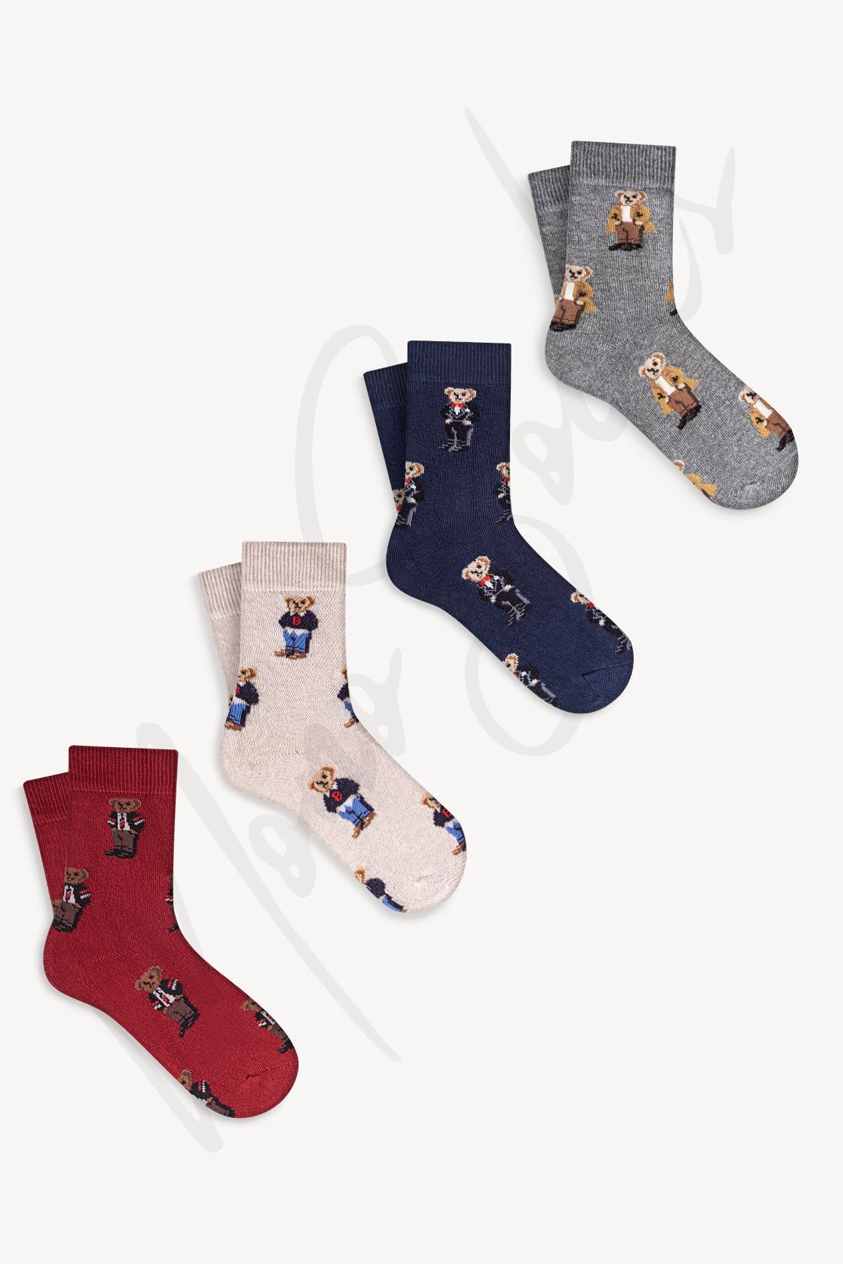 Mono Socks - 4lü Çocuk Çoklu Teddy Bear Pamuklu Çorap