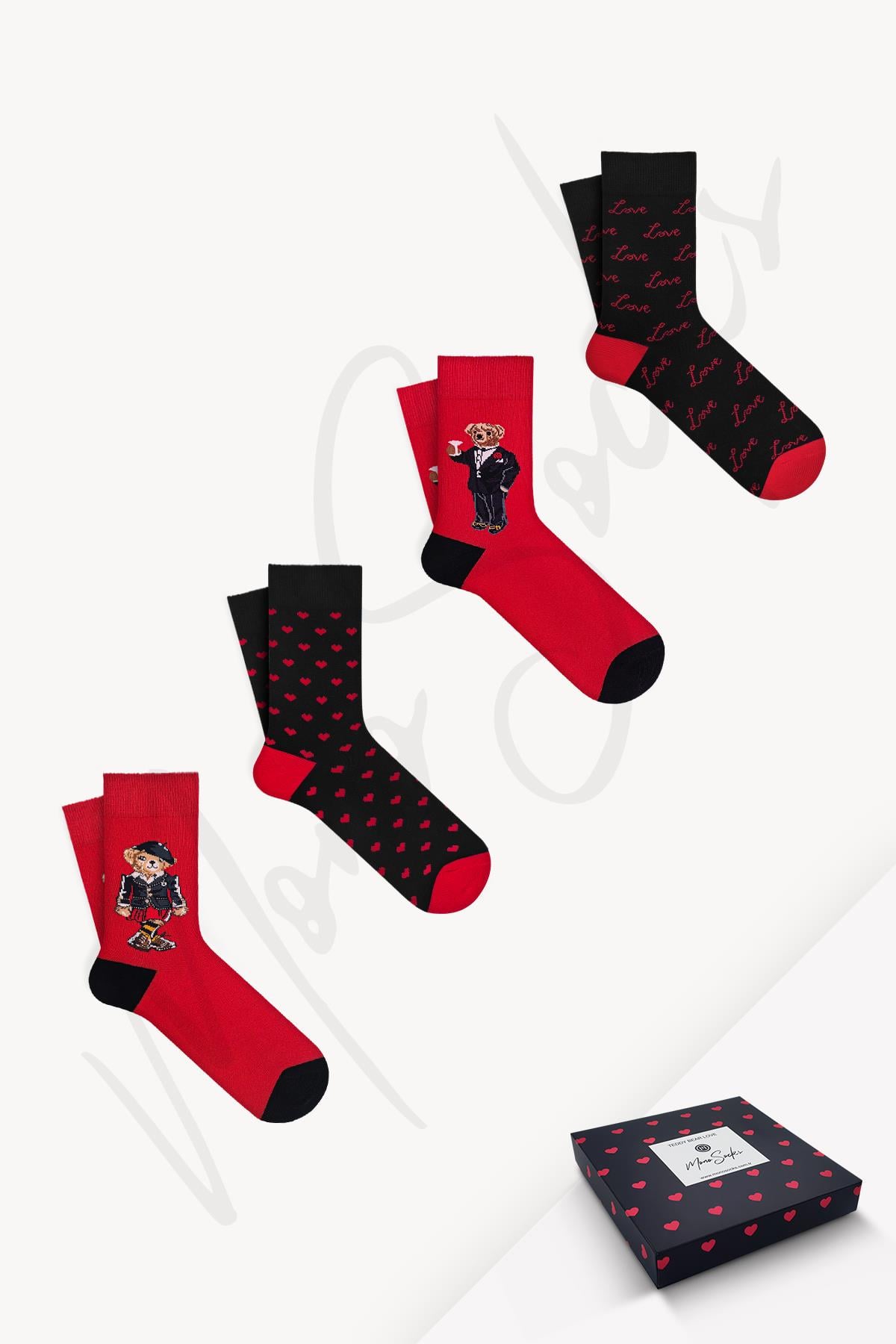 Mono Socks - 4lü Hediye Kutulu Teddy Bear Sevgililer Günü Çorabı