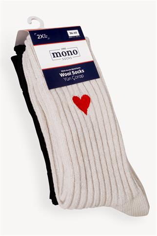 Mono Socks - 2li Kalp Nakışlı Kalın Kışlık Yünlü Çorap