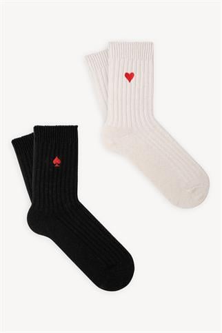 Mono Socks - 2li Kalp Nakışlı Kalın Kışlık Yünlü Çorap