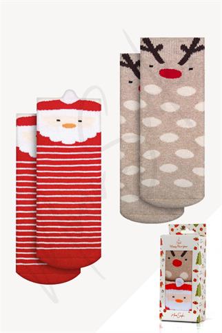 Mono Socks - 2li Kutulu Kalın Kışlık Noel Geyik Desenli Çocuk Çorap