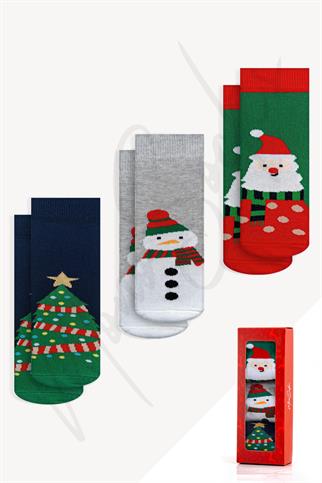 Mono Socks - 3lü Kutulu Atkılı Noel Desenli Christmas Yılbaşı Çocuk Çorap