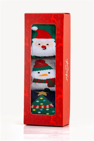 Mono Socks - 3lü Kutulu Atkılı Noel Desenli Christmas Yılbaşı Çocuk Çorap