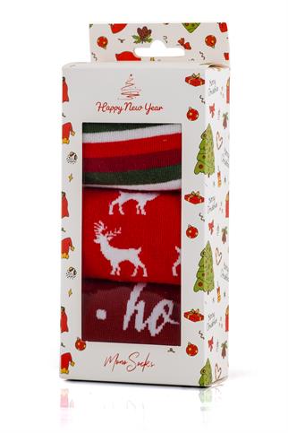 Mono Socks - 3lü Kutulu Geyik Hoho Desenli Yılbaşı Hediyelik Çorap 