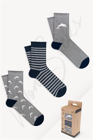 Mono Socks - 3lü Yunus Balığı Desenli Lastiksiz Bambu Çorap