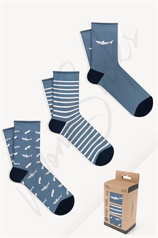 Mono Socks - 3lü Köpek Balığı Desenli Lastiksiz Bambu Çorap