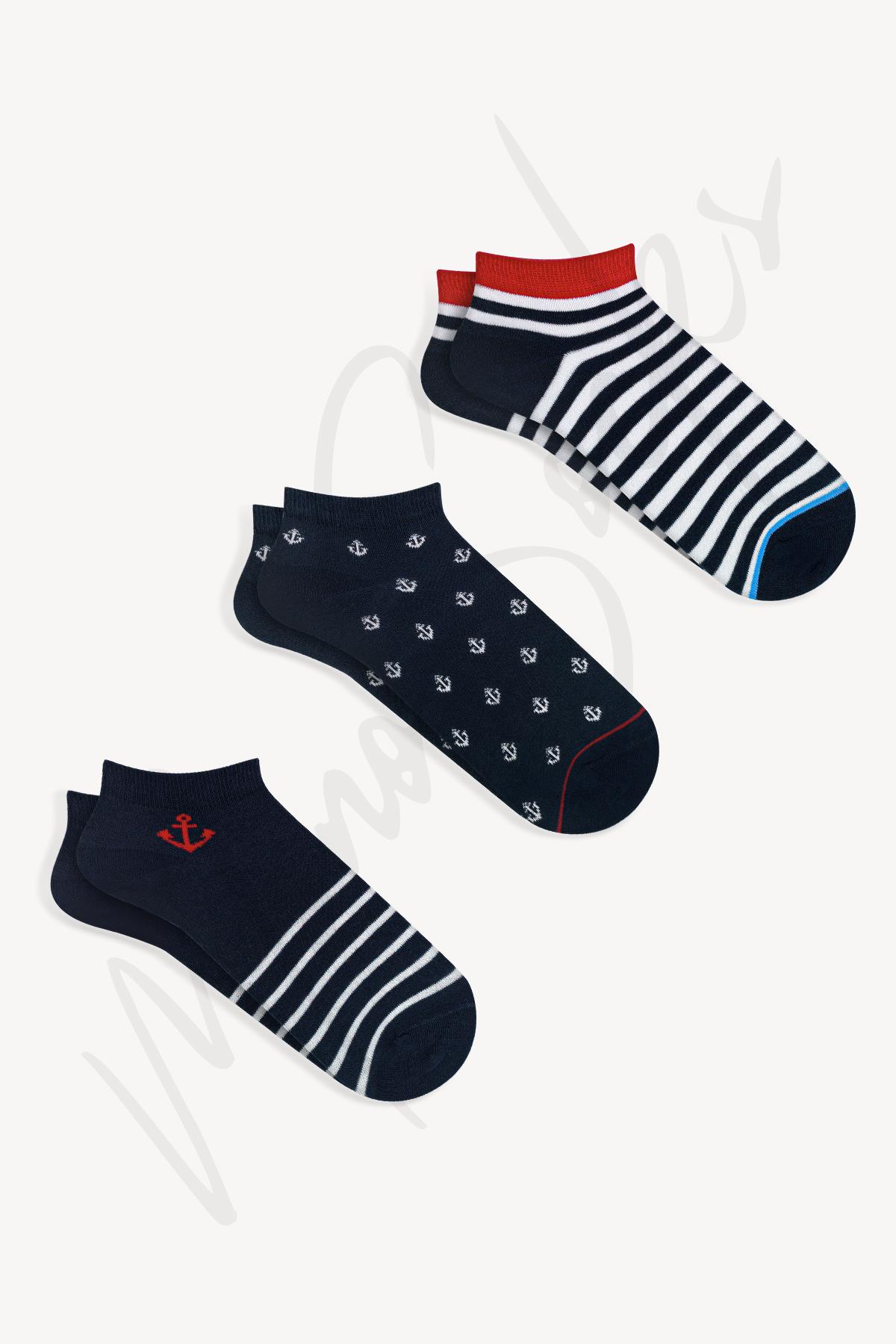  Mono Socks - 3'lü Çapalı Patik Çorap - Desenli Pamuklu Çoraplar - Mono Socks - Özel Tasarım Çoraplar