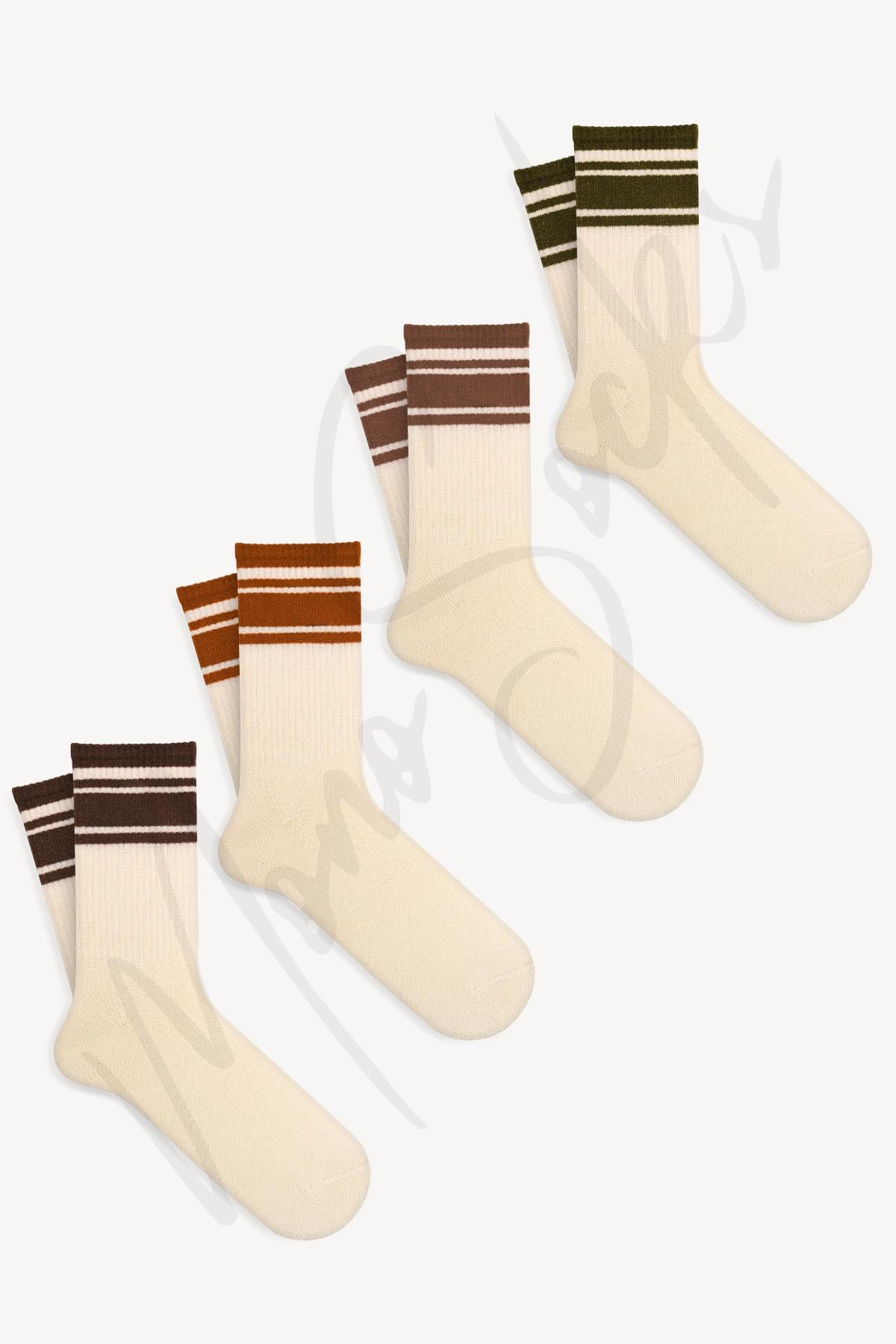 4'lü Kalın Çizgili Tenis Çorap Seti  - Desenli Pamuklu Çoraplar - Mono Socks - Özel Tasarım Çoraplar